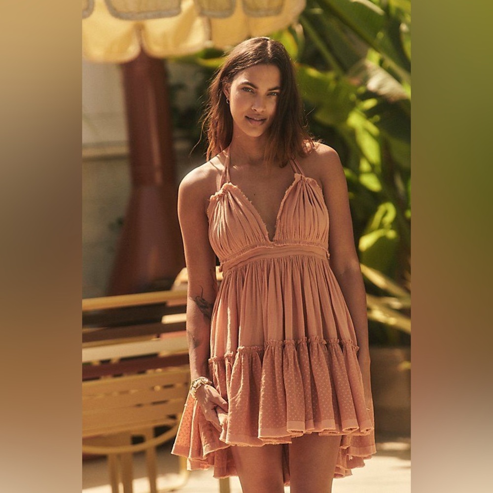 Rare HTF Free People | 100 Degree Flowy Layered Mini Dress in Mauve Sz L - Picture 9 of 17